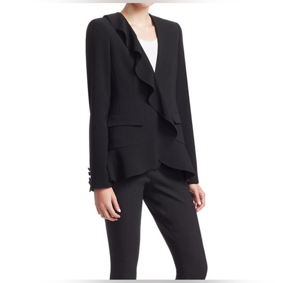 Cinq a Sept Lanier Black Ruffle Blazer 5 a 7 Jacket Snaps Pockets Women's Size 2 - Picture 4 of 10
